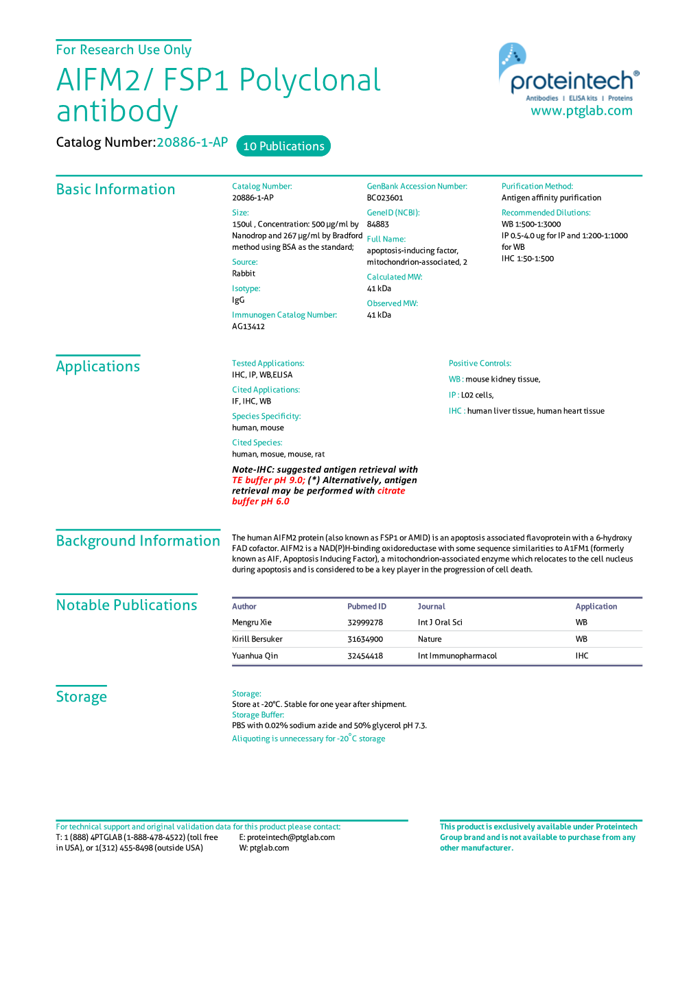 AIFM2/ FSP1 Polyclonal Antibody Catalog Number:20886-1-AP 10 Publications