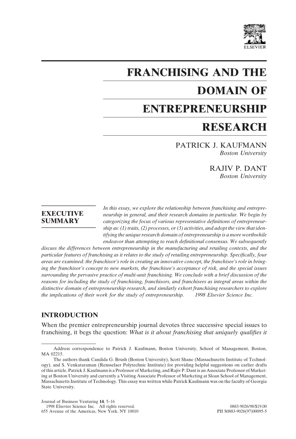 Franchising and the Domain of Entrepreneurship Research