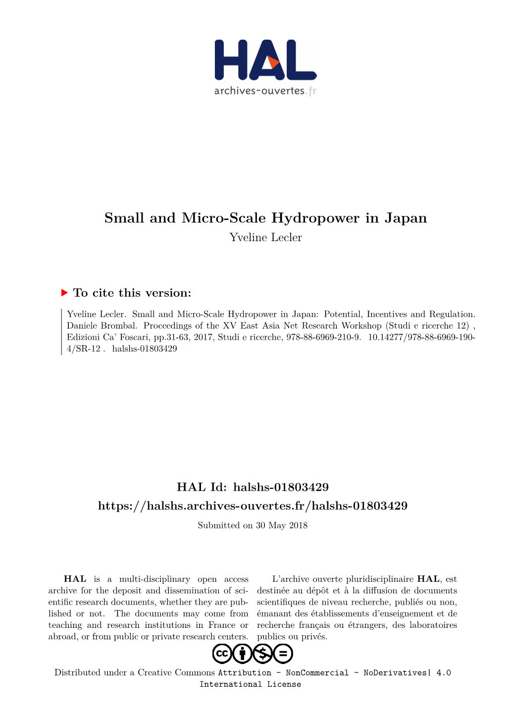 Small and Micro-Scale Hydropower in Japan Yveline Lecler
