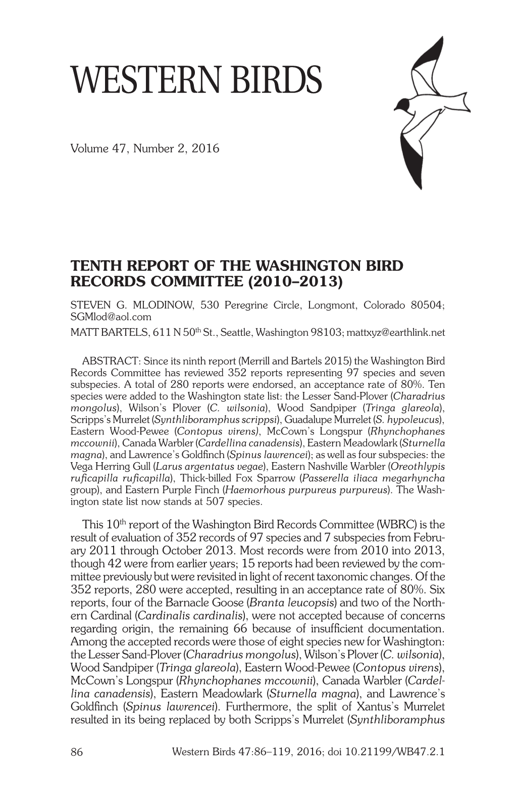 Tenth Report of the Washington Bird Records Committee (2010–2013) Steven G