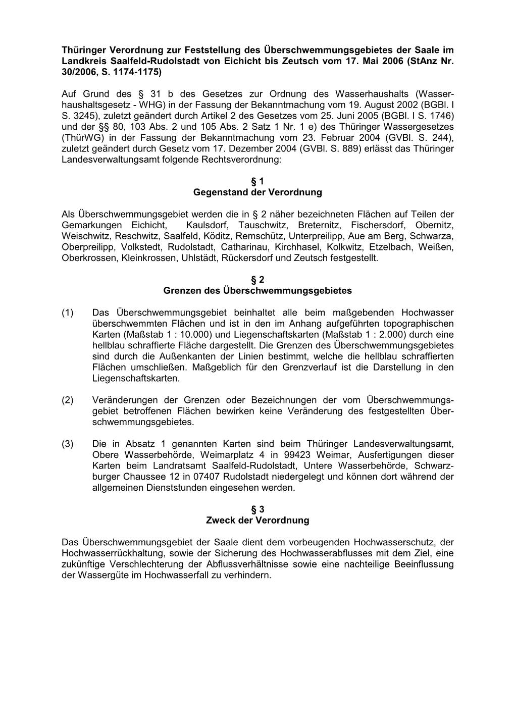 Thüringer Verordnung Zur Feststellung Des Überschwemmungsgebietes Der Saale Im Landkreis Saalfeld-Rudolstadt Von Eichicht Bis Zeutsch Vom 17