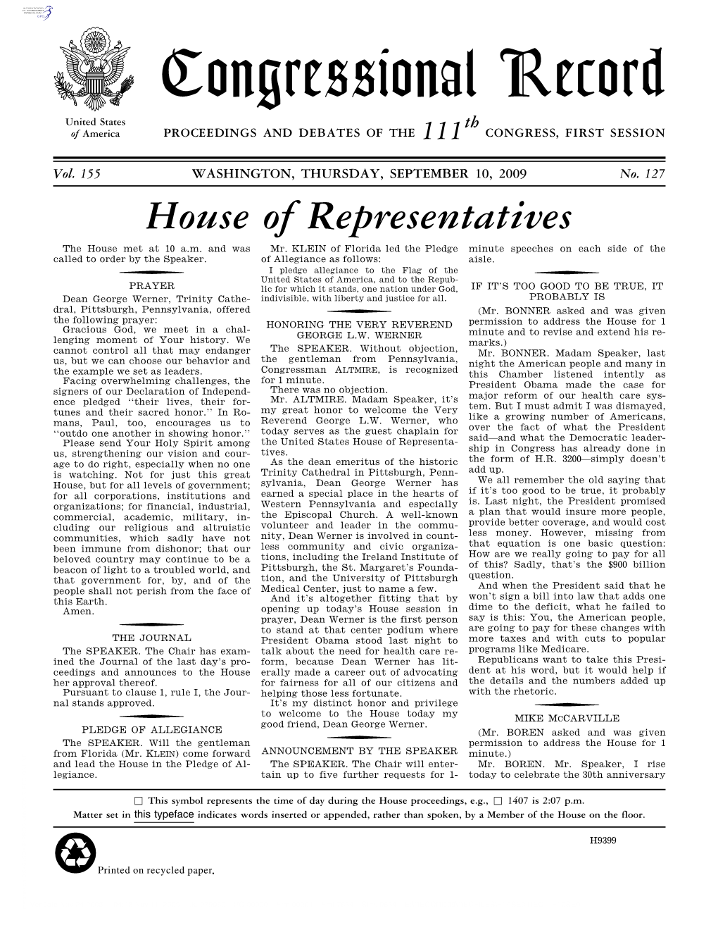 Congressional Record United States Th of America PROCEEDINGS and DEBATES of the 111 CONGRESS, FIRST SESSION