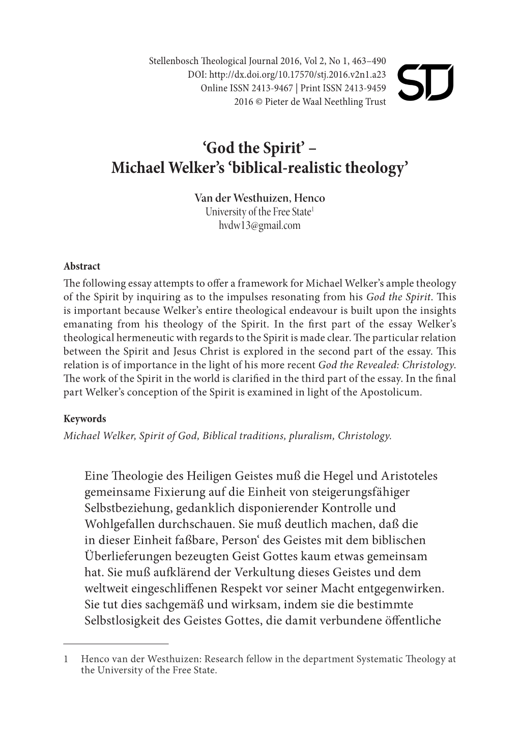 'God the Spirit' – Michael Welker's 'Biblical-Realistic Theology'