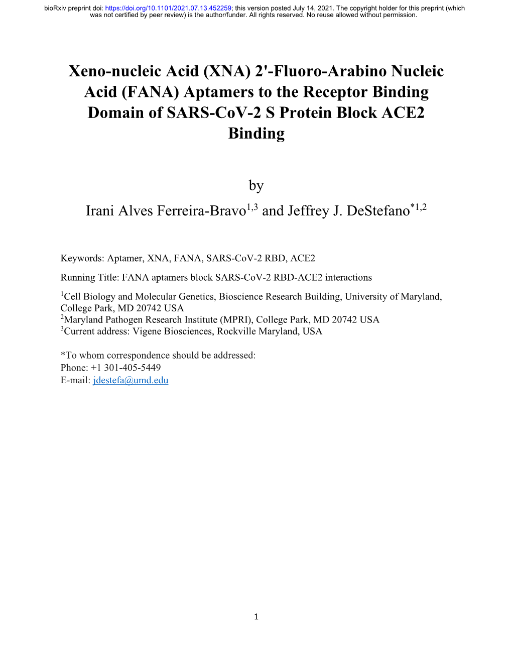 Xeno-Nucleic Acid (XNA) 2'-Fluoro-Arabino Nucleic Acid (FANA) Aptamers to the Receptor Binding Domain of SARS-Cov-2 S Protein Block ACE2 Binding