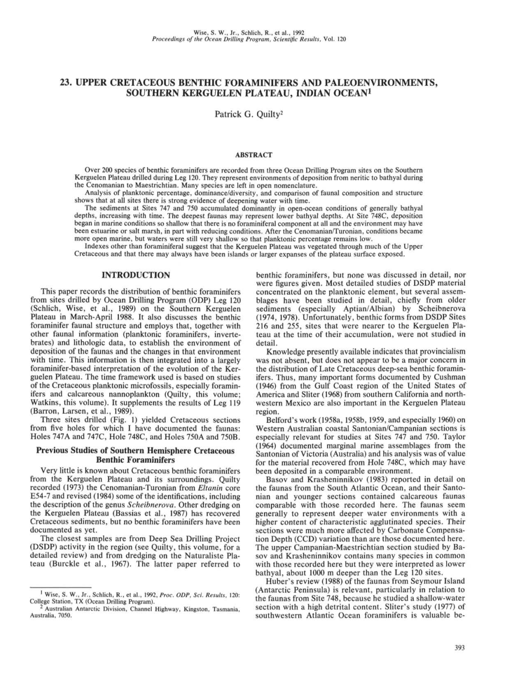 23. Upper Cretaceous Benthic Foraminifers and Paleoenvironments, Southern Kerguelen Plateau, Indian Ocean1