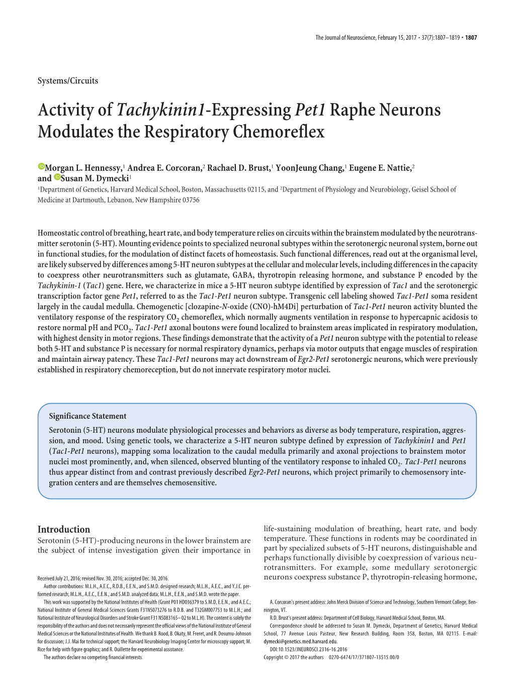 Activity of Tachykinin1-Expressing Pet1 Raphe Neurons Modulates the Respiratory Chemoreflex