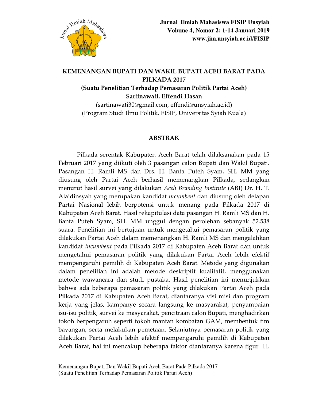 Jurnal Ilmiah Mahasiswa FISIP Unsyiah Volume 4, Nomor 2: 1-14