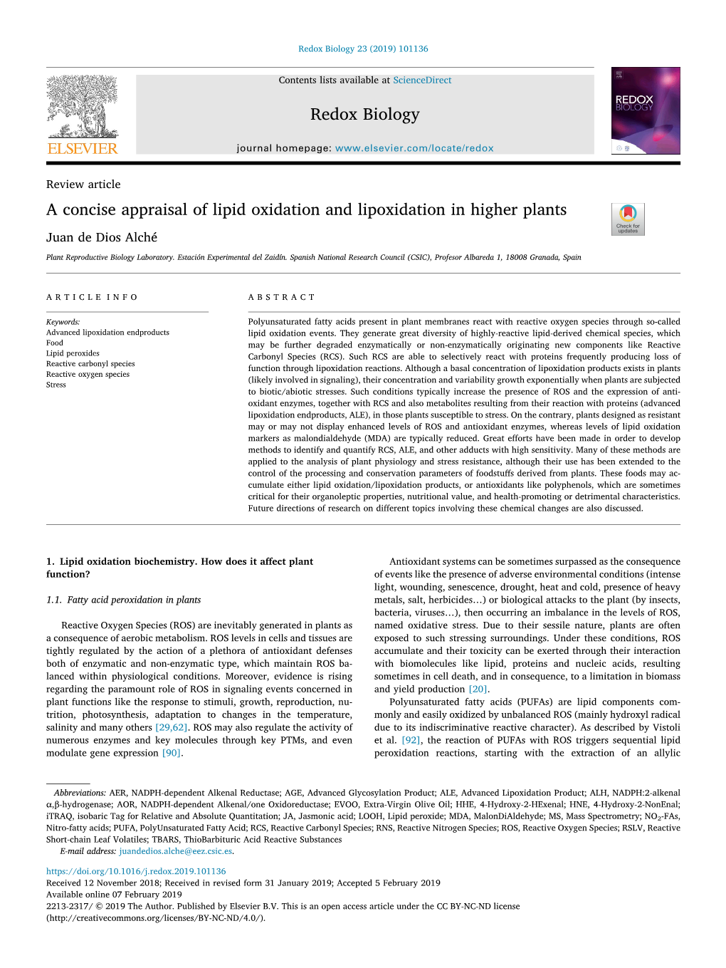 A Concise Appraisal of Lipid Oxidation and Lipoxidation in Higher Plants T Juan De Dios Alché