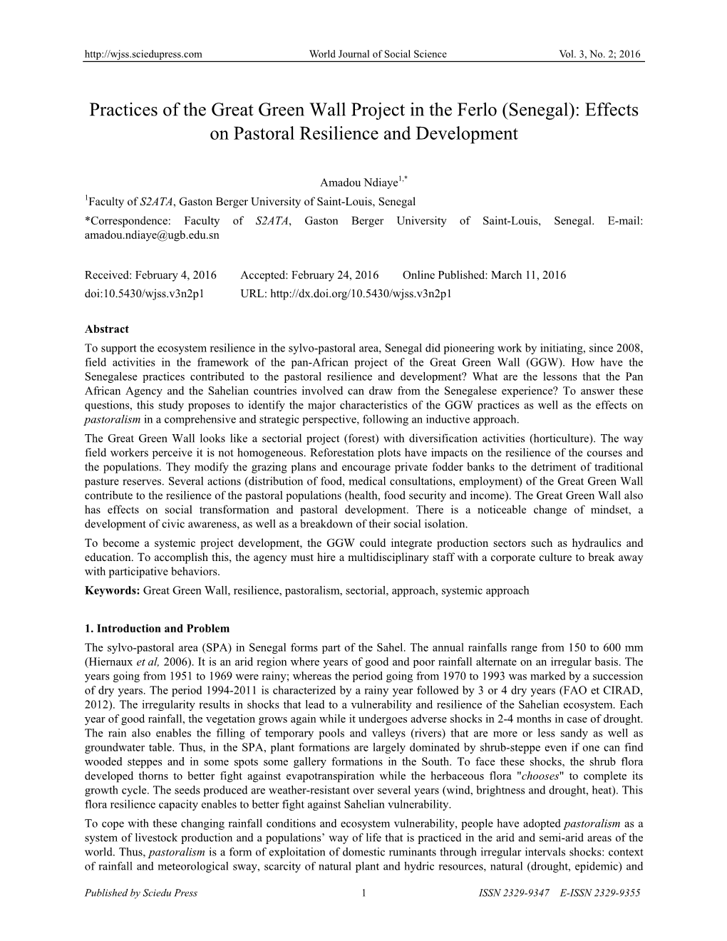 Practices of the Great Green Wall Project in the Ferlo (Senegal): Effects on Pastoral Resilience and Development