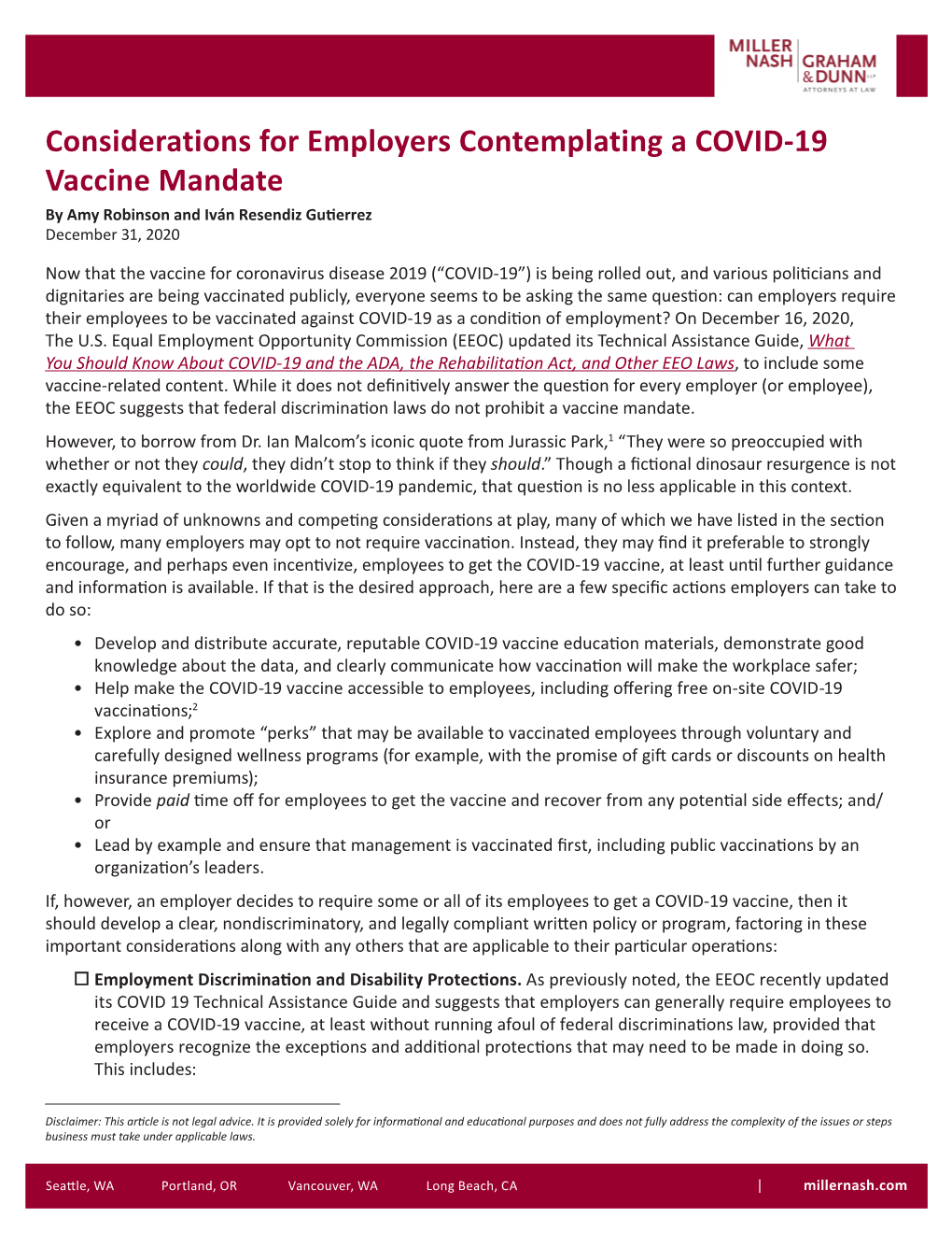 Considerations for Employers Contemplating a COVID-19 Vaccine Mandate by Amy Robinson and Iván Resendiz Gutierrez December 31, 2020