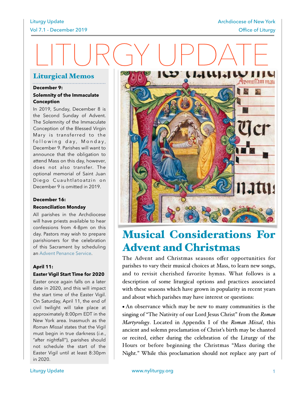 Liturgy Update Archdiocese of New York Vol 7.1 - December 2019 Ofﬁce of Liturgy LITURGY UPDATE Liturgical Memos