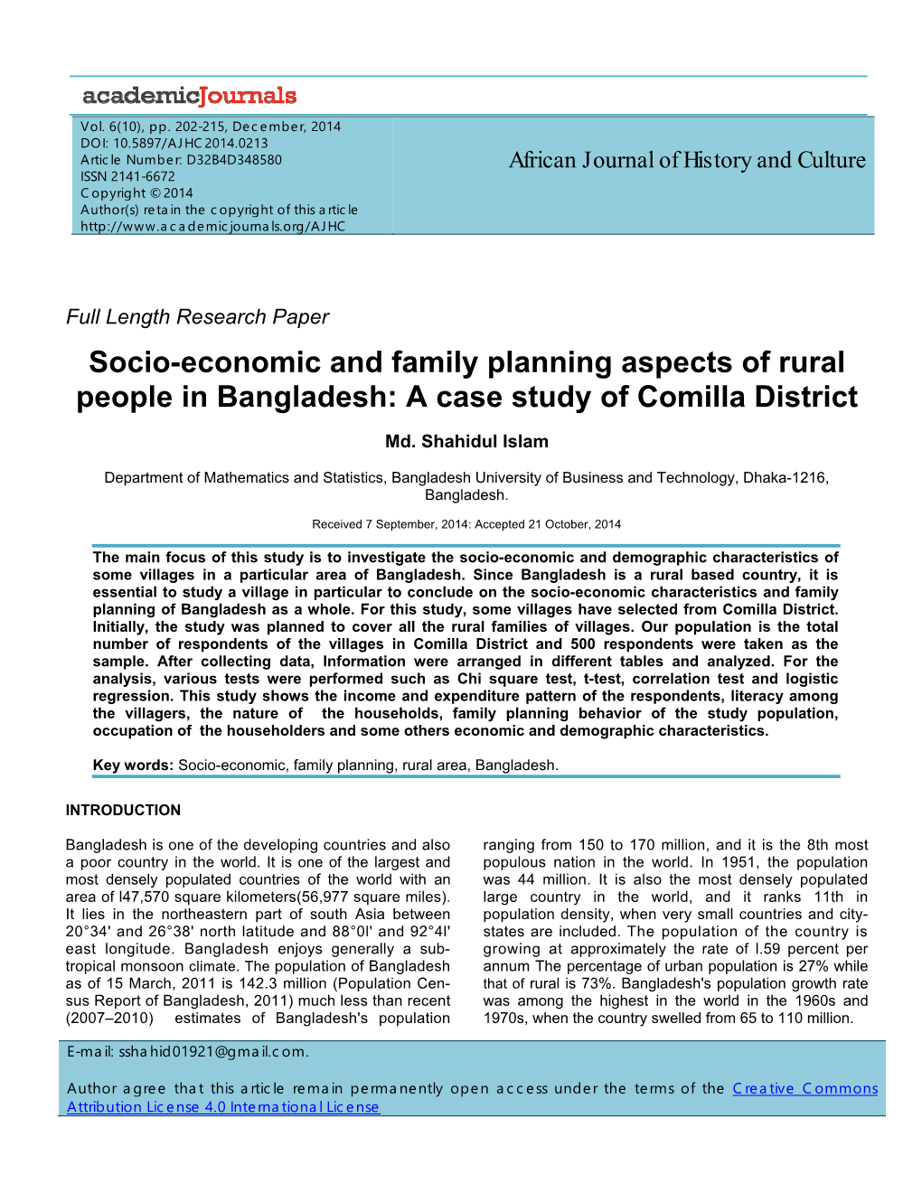 Socio-Economic and Family Planning Aspects of Rural People in Bangladesh: a Case Study of Comilla District