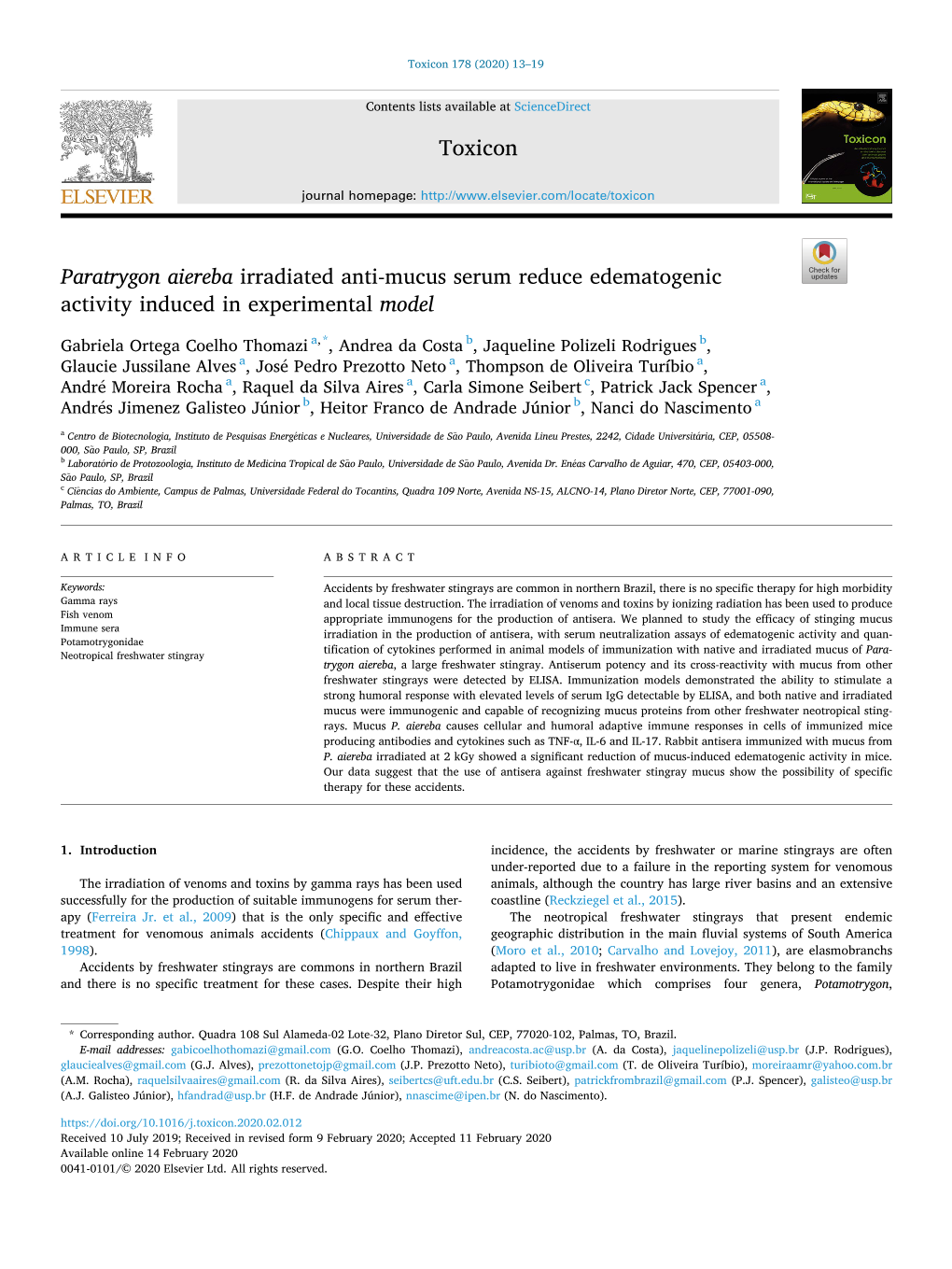 Paratrygon Aiereba Irradiated Anti-Mucus Serum Reduce Edematogenic Activity Induced in Experimental Model