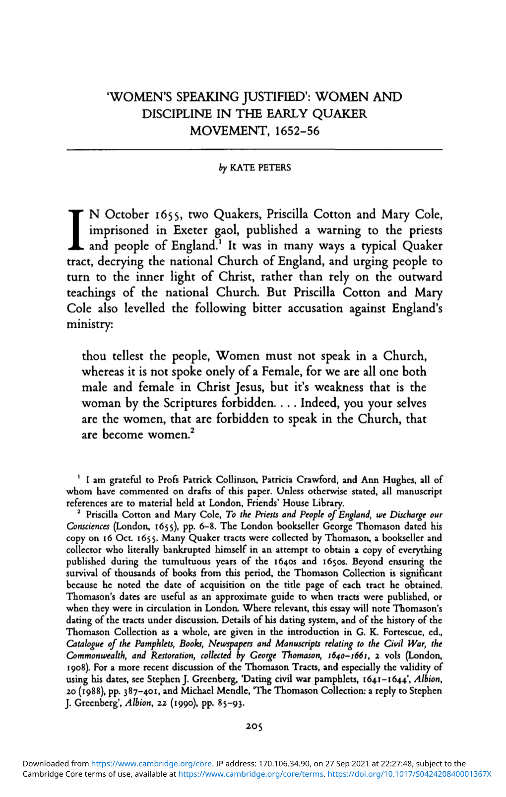 'Women's Speaking Justified': Women and Discipline in the Early Quaker Movement, 1652-56