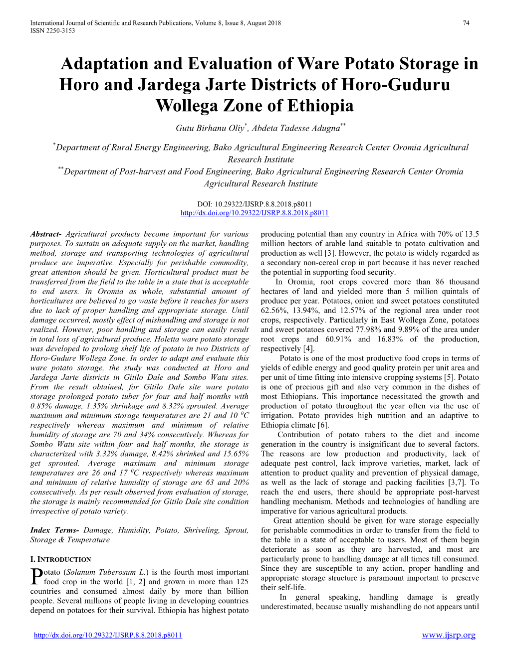 Adaptation and Evaluation of Ware Potato Storage in Horo and Jardega Jarte Districts of Horo-Guduru Wollega Zone of Ethiopia