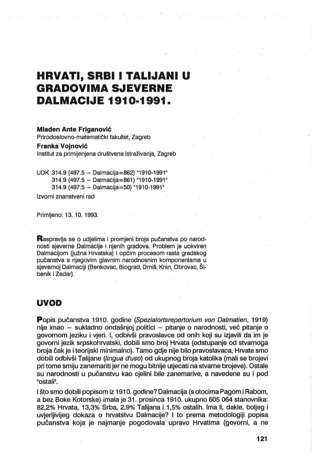 Hrvati, Srbi I Talijani U Gradovima Sjeverne Dalmacije 1910-1991