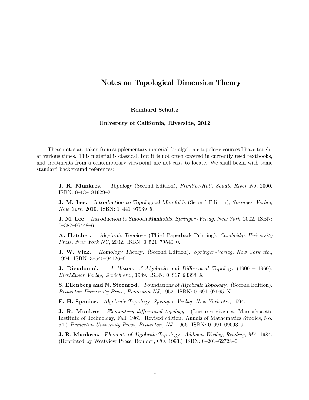 Notes on Topological Dimension Theory
