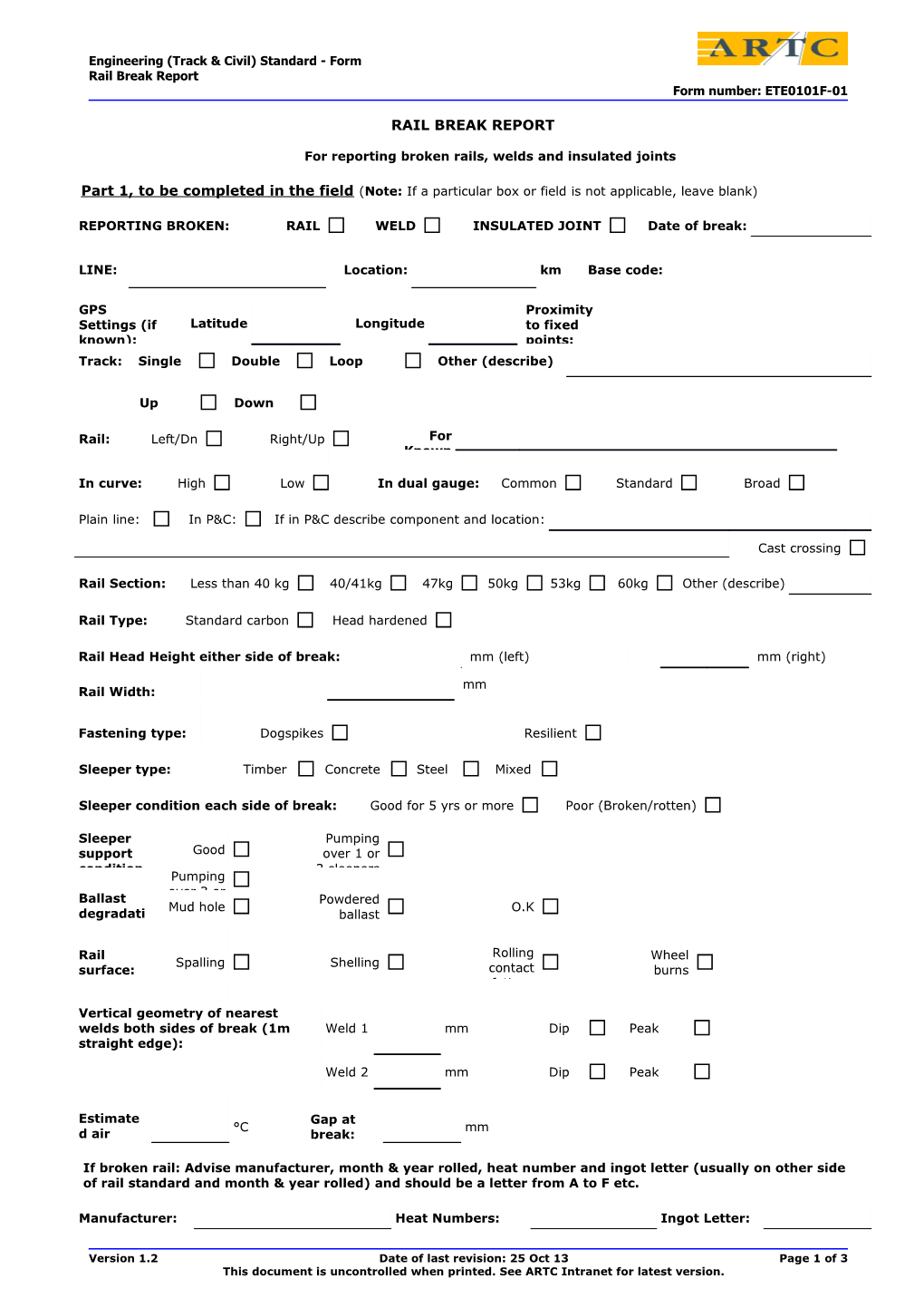 Ete-01-01: Form 1 Rail Break Report