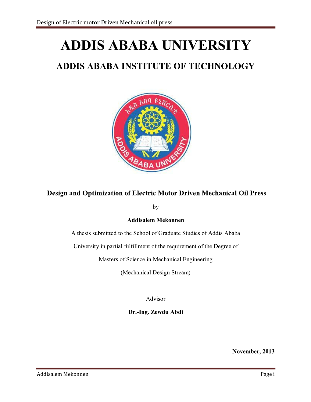 Addis Ababa University Addis Ababa Institute of Technology