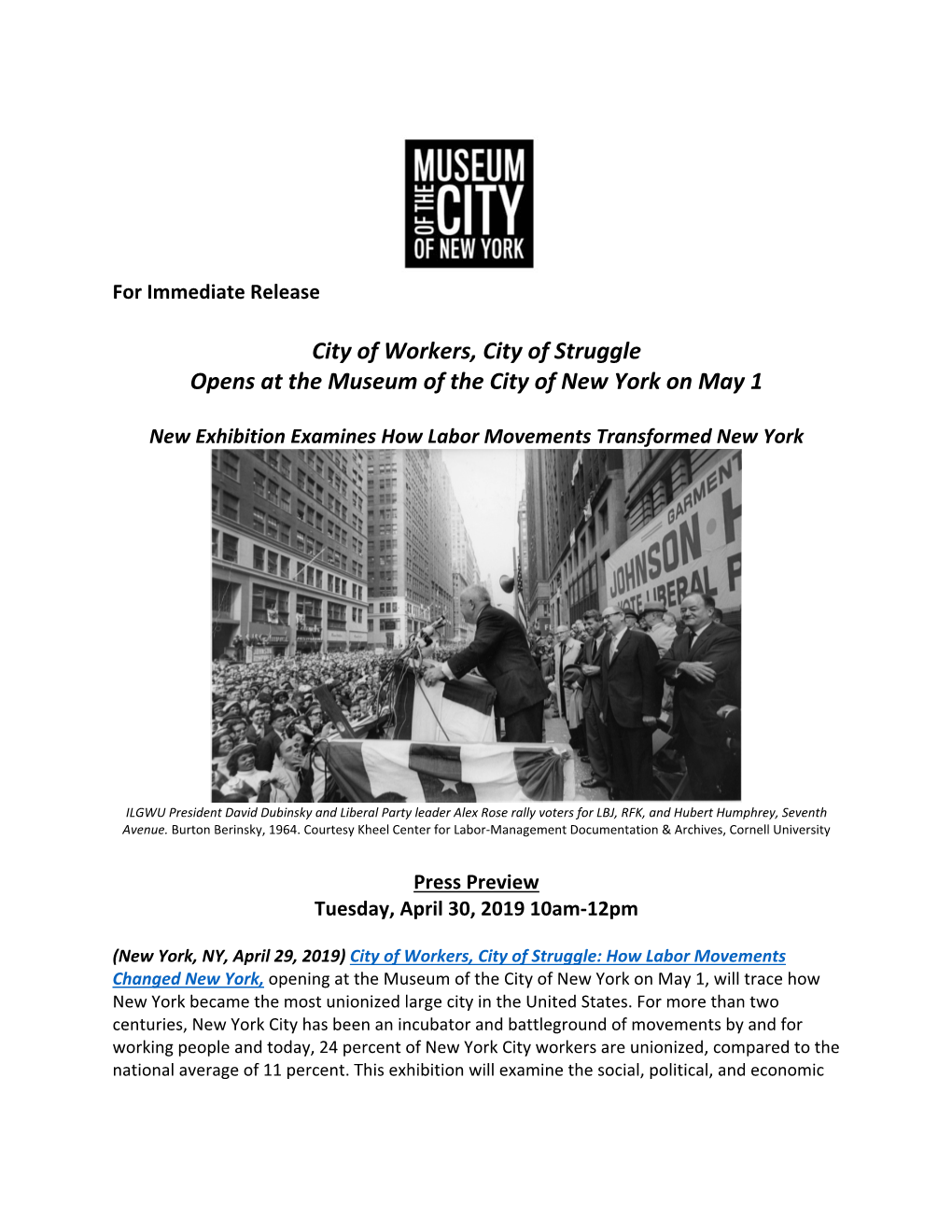 City of Workers, City of Struggle Opens at the Museum of the City of New York on May 1