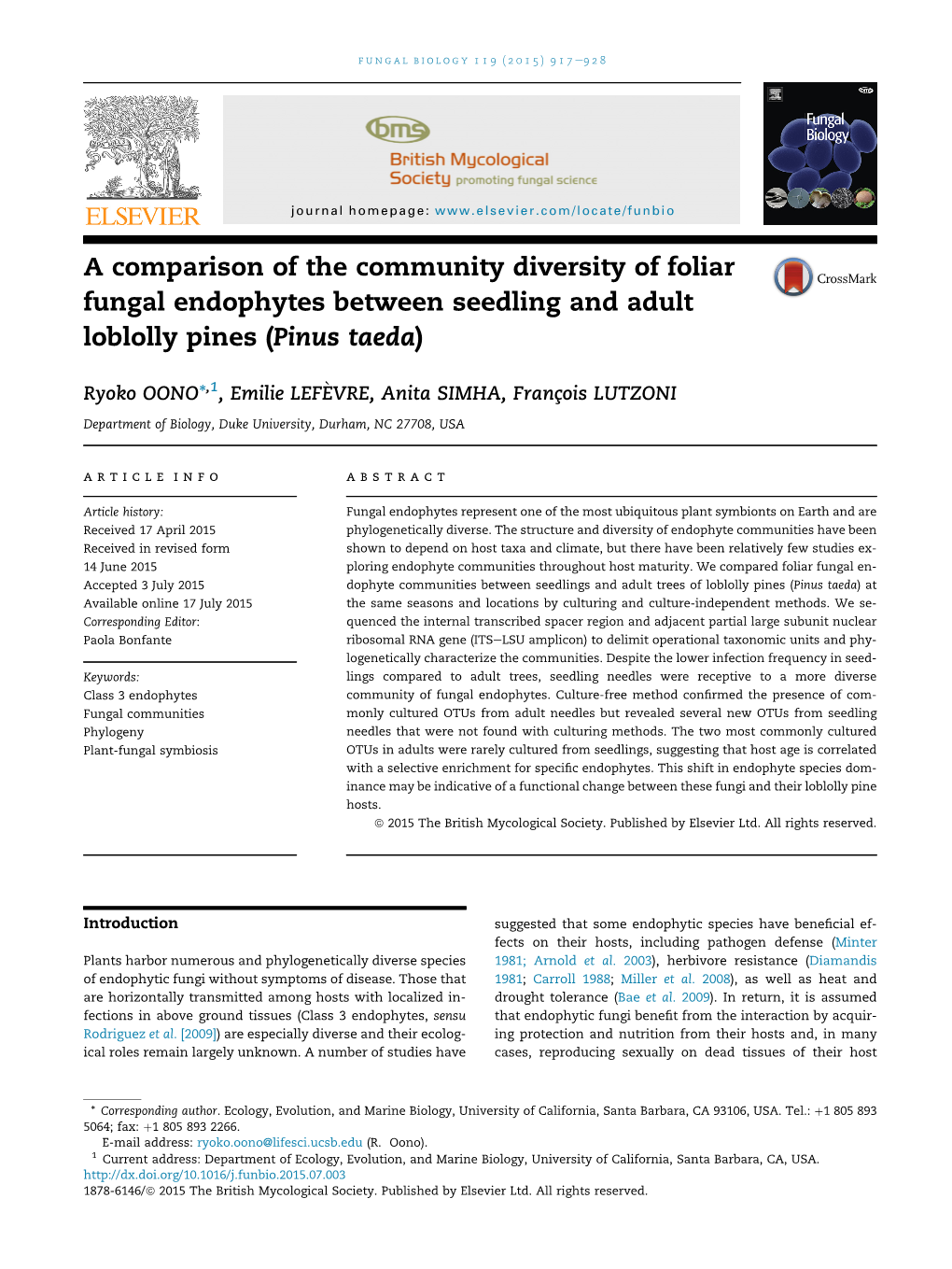 A Comparison of the Community Diversity of Foliar Fungal Endophytes Between Seedling and Adult Loblolly Pines (Pinus Taeda)