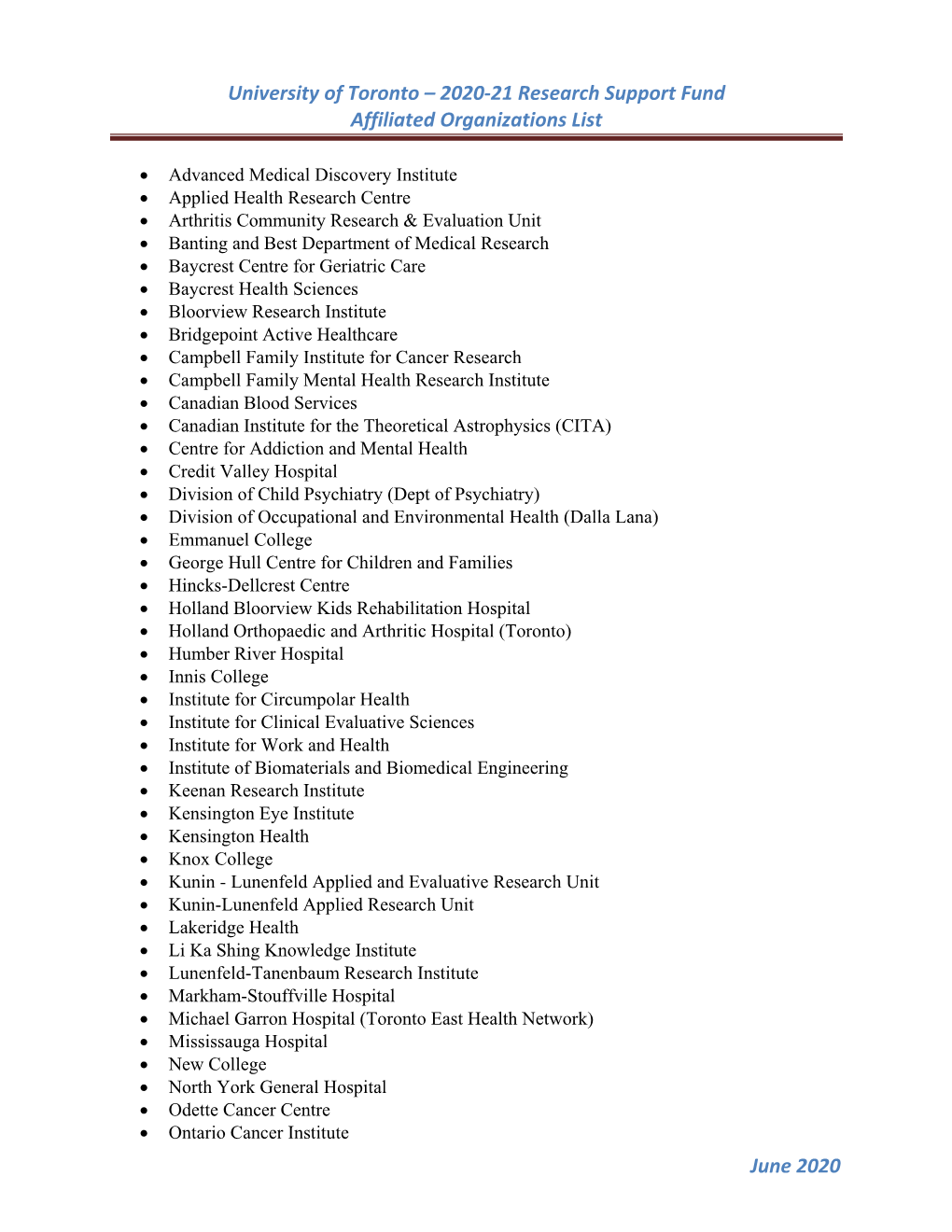 2020-21 Research Support Fund Affiliated Organizations List