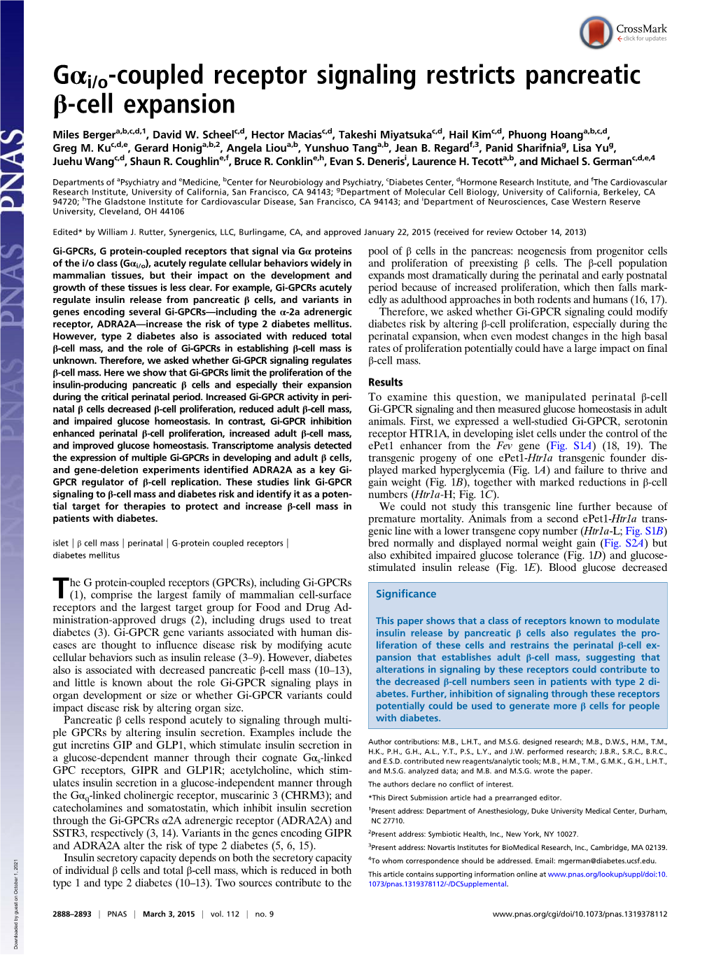 Gαi/O-Coupled Receptor Signaling Restricts Pancreatic Β-Cell Expansion