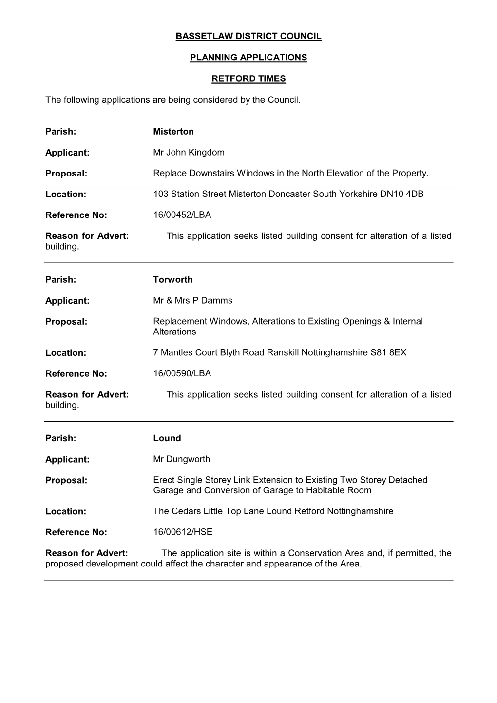 Bassetlaw District Council Planning Applications