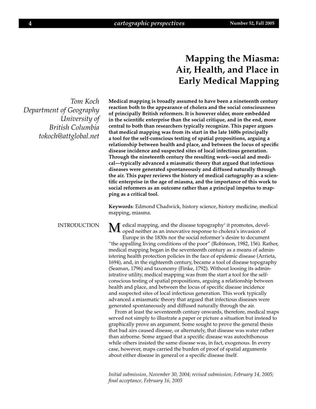 Mapping the Miasma: Air, Health, and Place in Early Medical Mapping