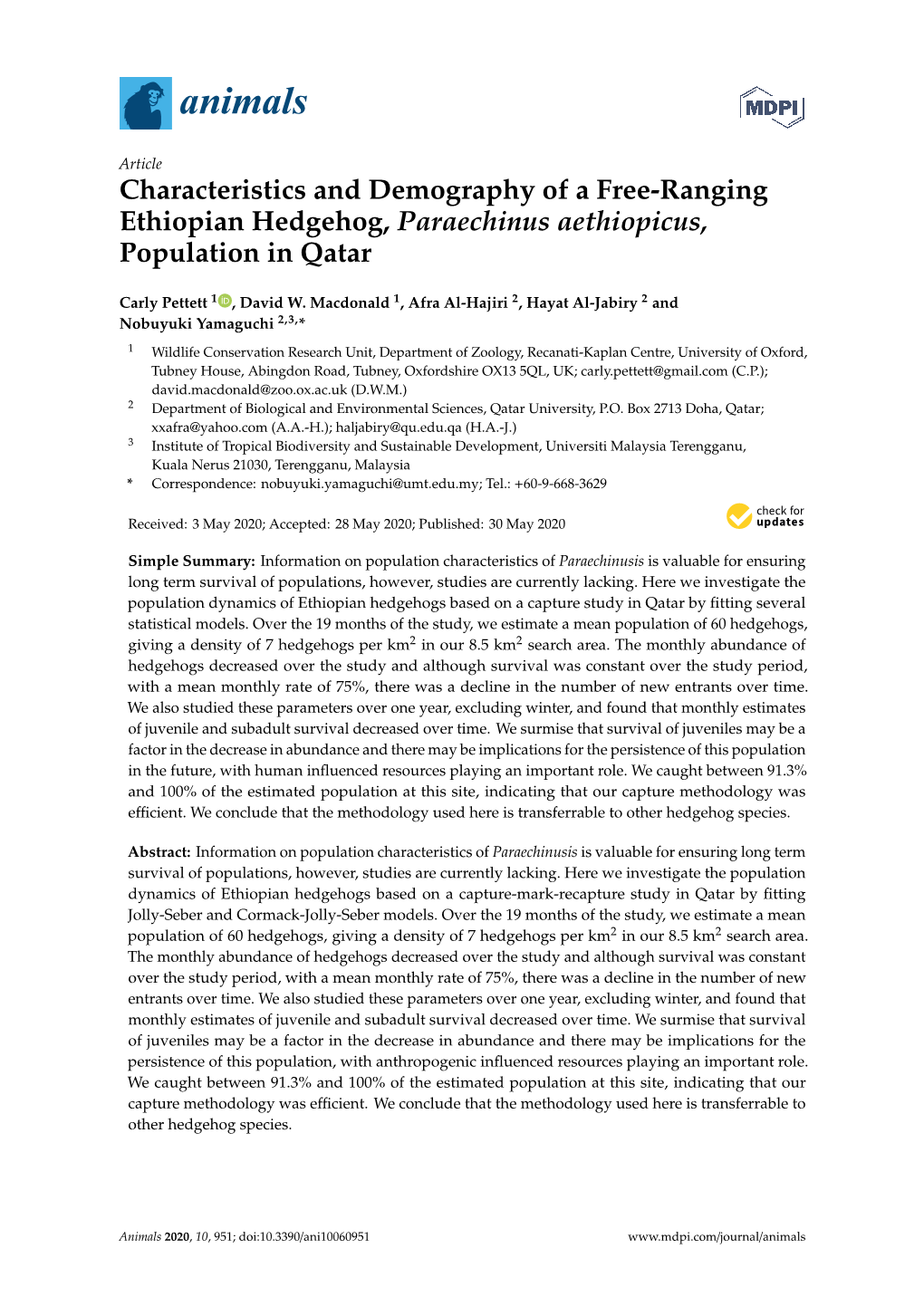 Characteristics and Demography of a Free-Ranging Ethiopian Hedgehog, Paraechinus Aethiopicus, Population in Qatar