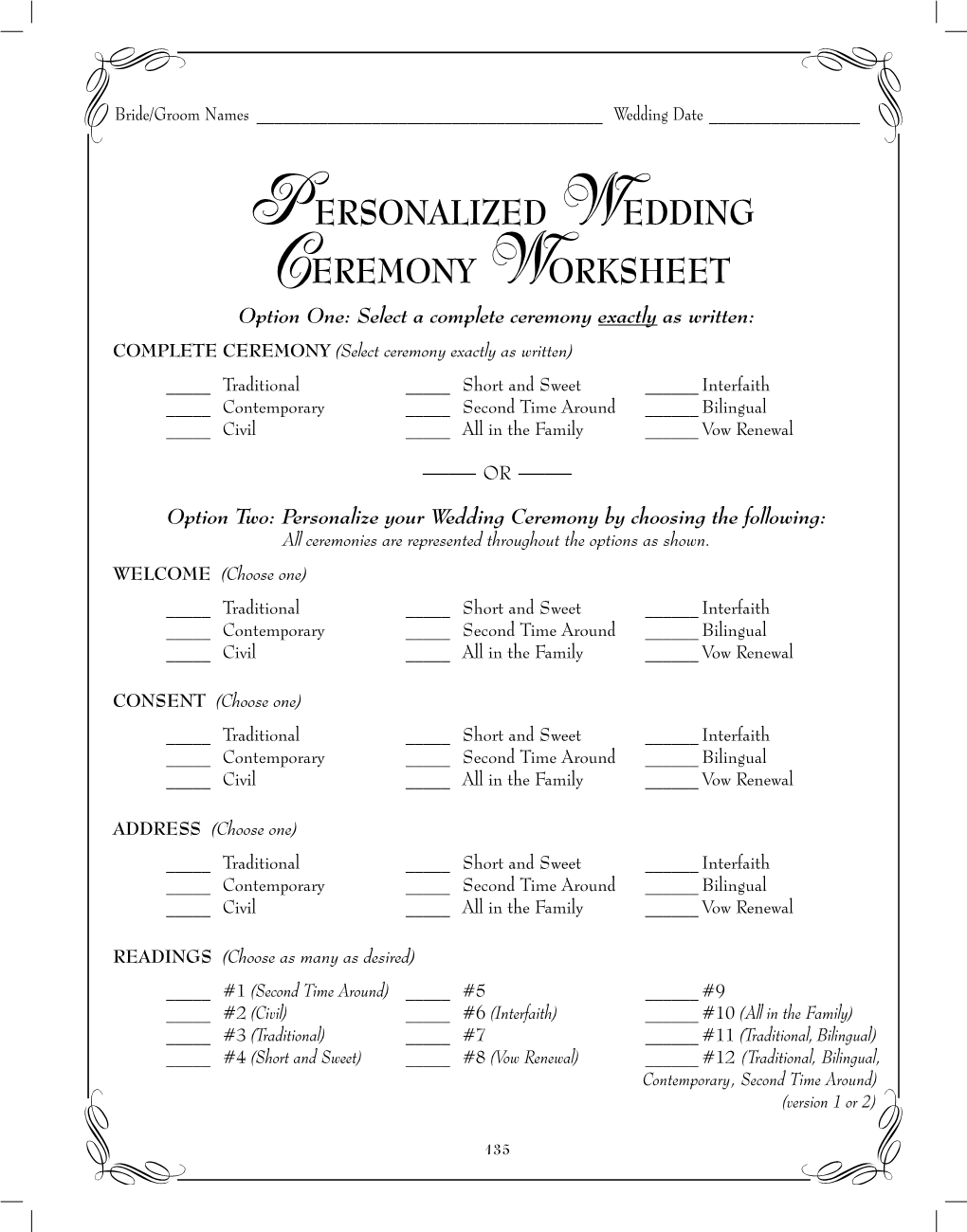 Personalized Wedding Ceremony Worksheet