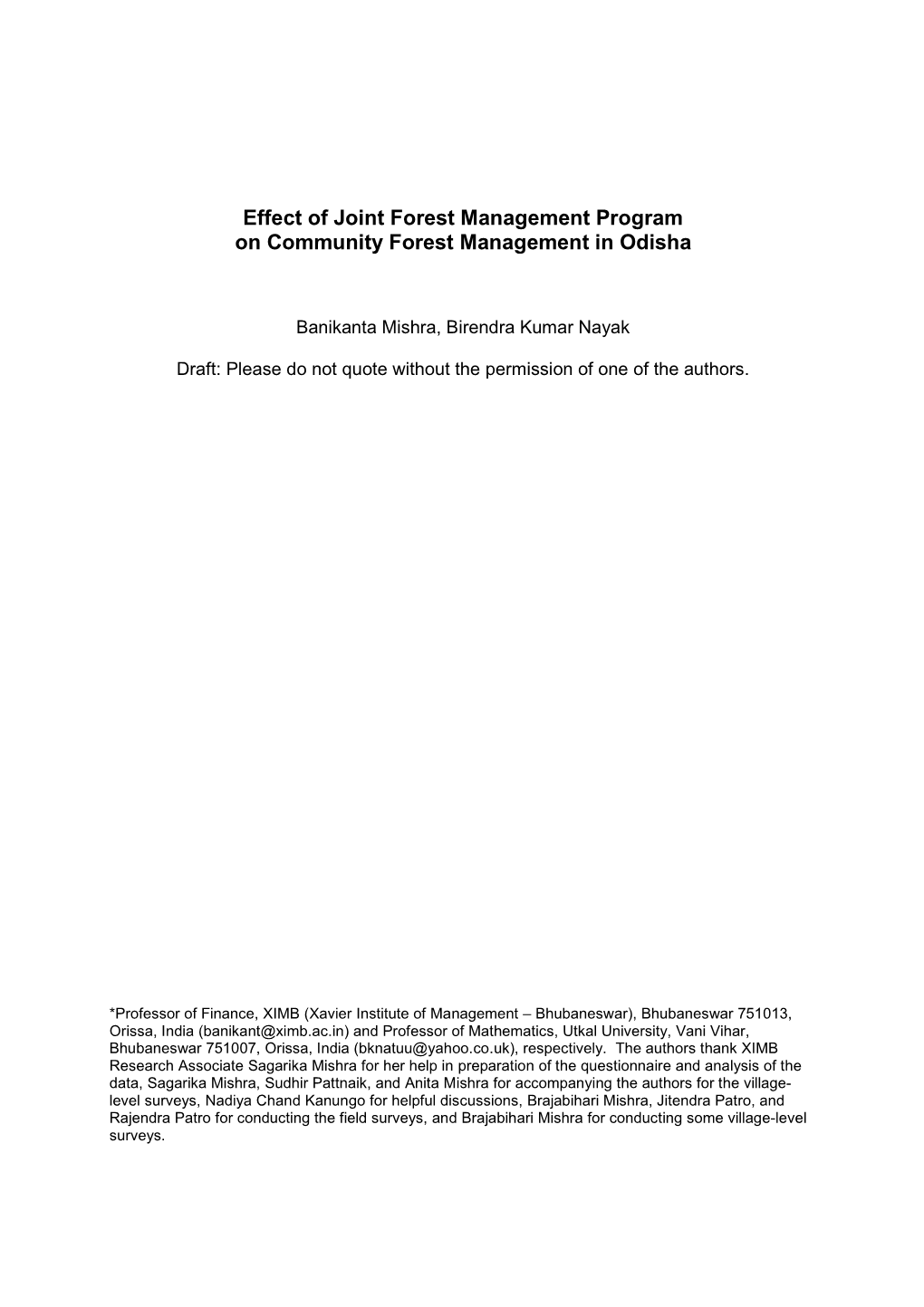 Effect of Joint Forest Management Program on Community Forest Management in Odisha