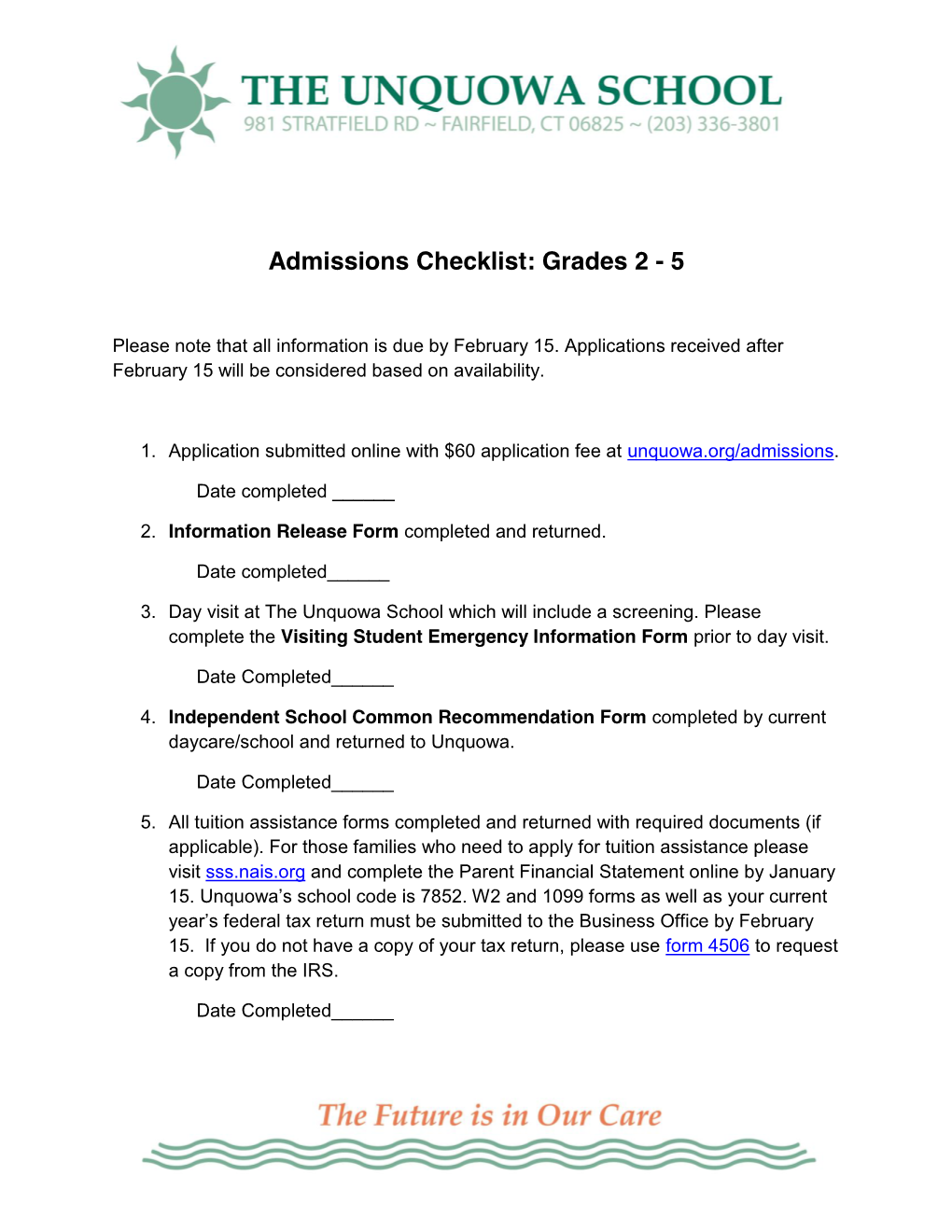 Admissions Checklist: Grades 2 - 5