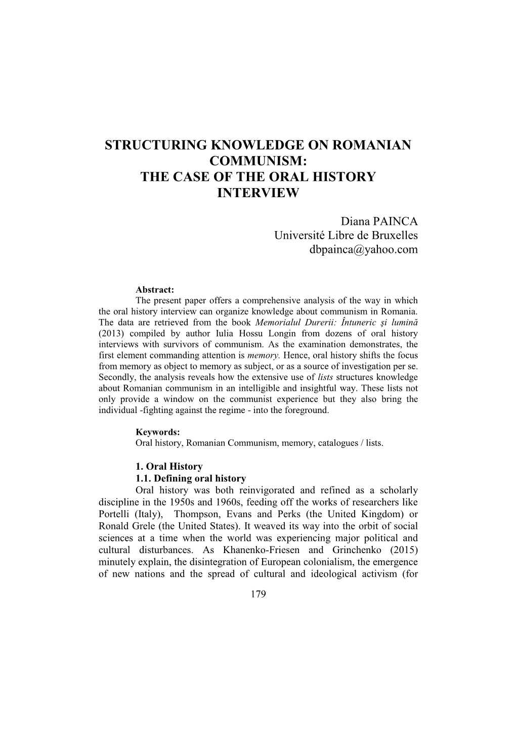 Structuring Knowledge on Romanian Communism: the Case of the Oral History Interview