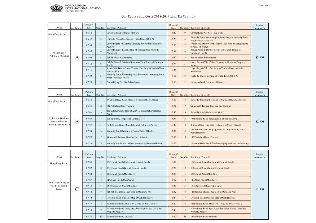 Bus Routes and Costs 2018-2019 Lam Tin Campus