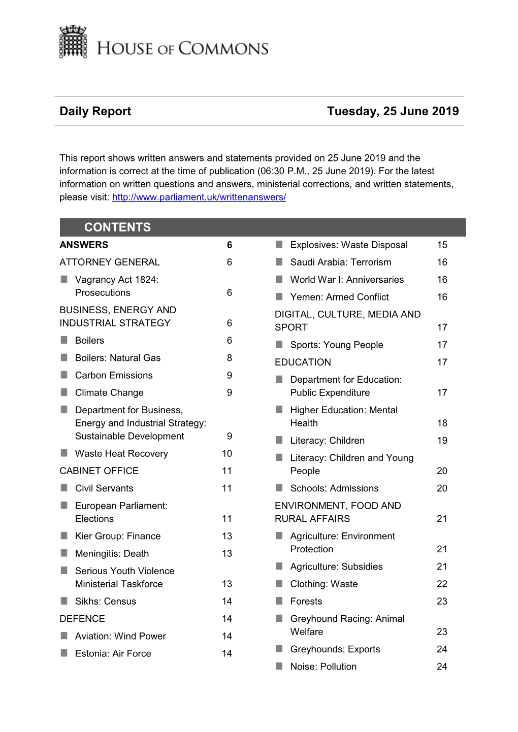 Daily Report Tuesday, 25 June 2019 CONTENTS