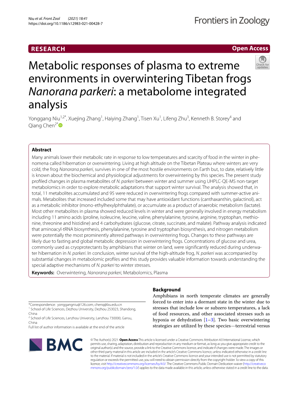 Metabolic Responses of Plasma to Extreme Environments in Overwintering Tibetan Frogs