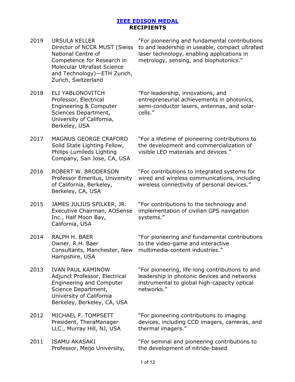 Ieee Edison Medal Recipients