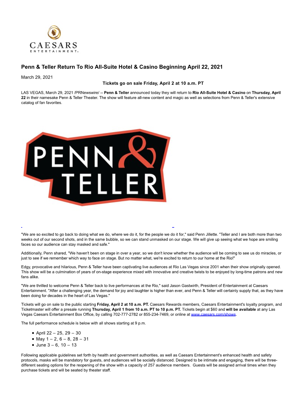 Penn & Teller Return to Rio All-Suite Hotel & Casino Beginning April 22