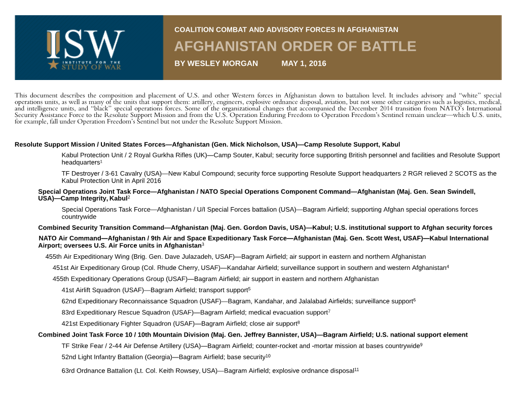 Afghanistan Order of Battle by Wesley Morgan May 1, 2016