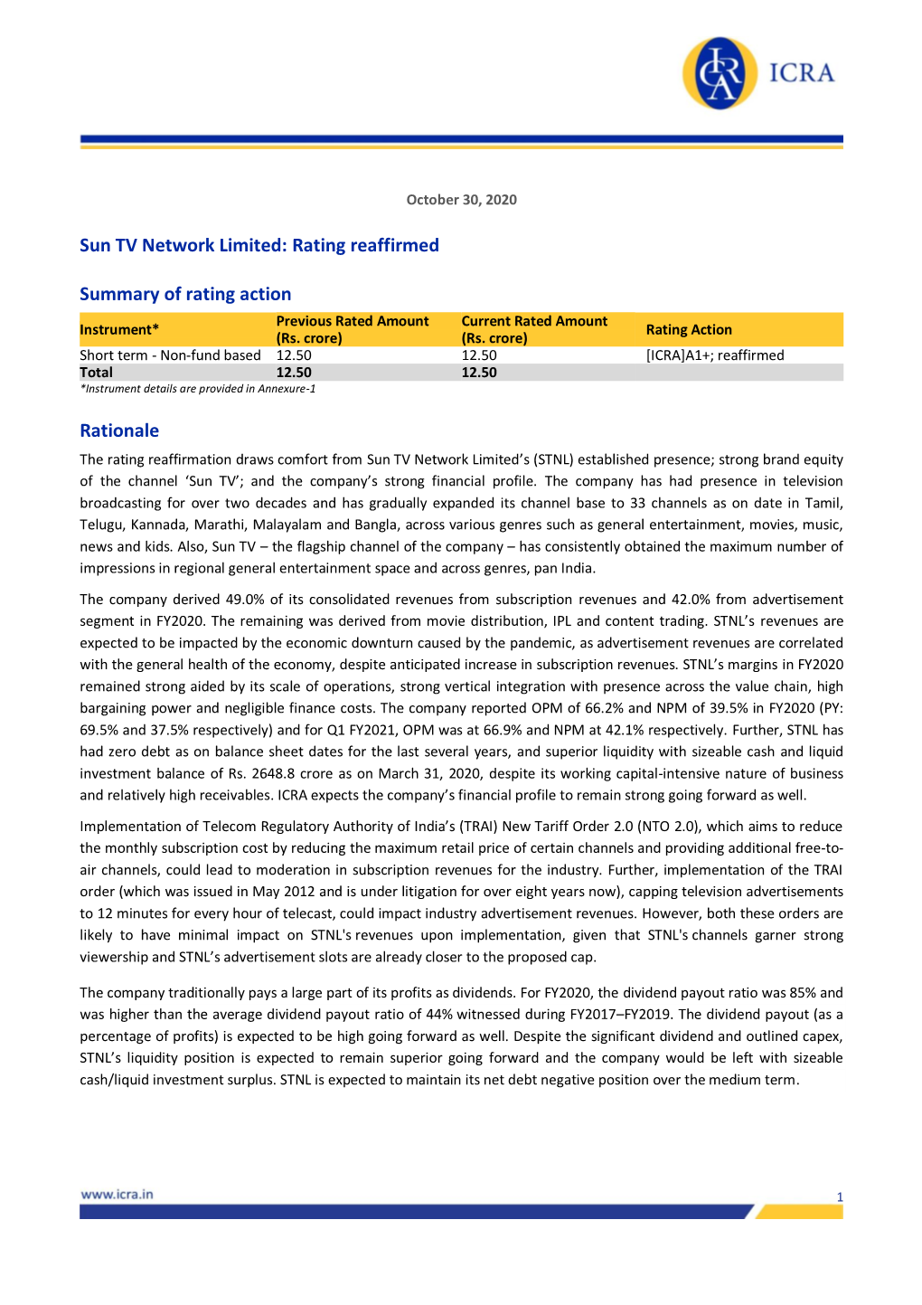 Sun TV Network Limited: Rating Reaffirmed