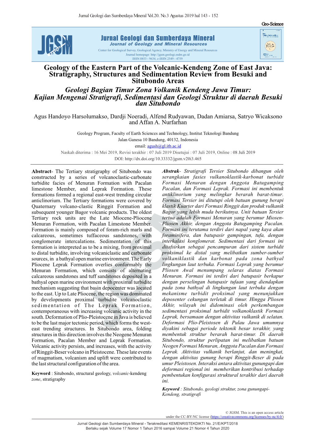 Geology of the Eastern Part of the Volcanic-Kendeng Zone of East Java