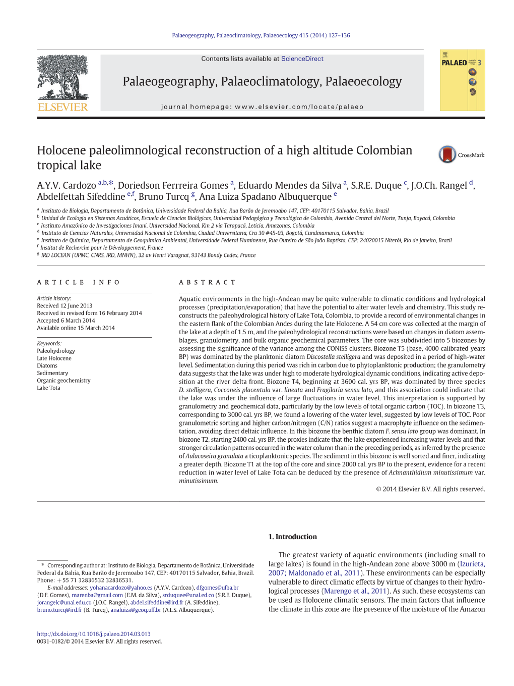 Holocene Paleolimnological Reconstruction of a High Altitude Colombian Tropical Lake