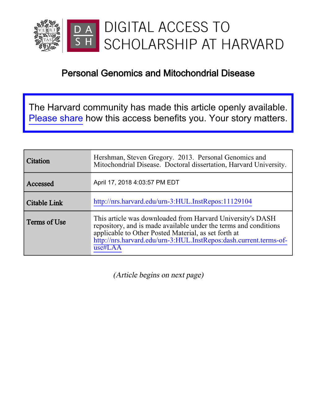 Personal Genomics and Mitochondrial Disease the Harvard Community