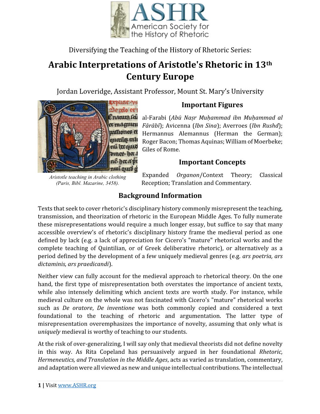 Arabic Interpretations of Aristotle's Rhetoric in 13Th Century Europe Jordan Loveridge, Assistant Professor, Mount St