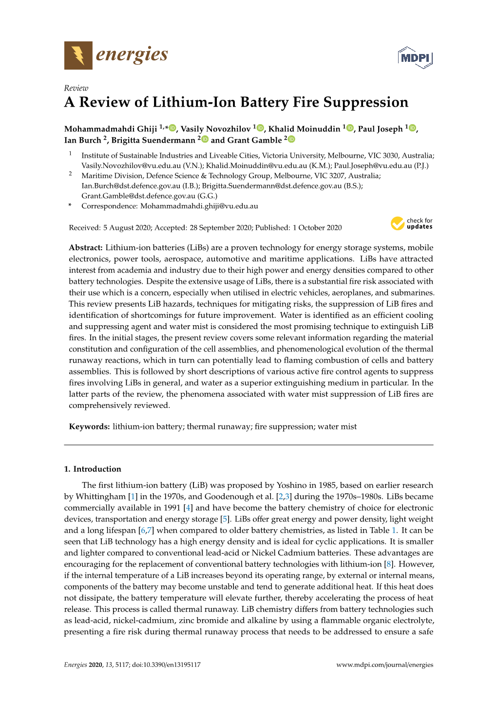 A Review of Lithium-Ion Battery Fire Suppression