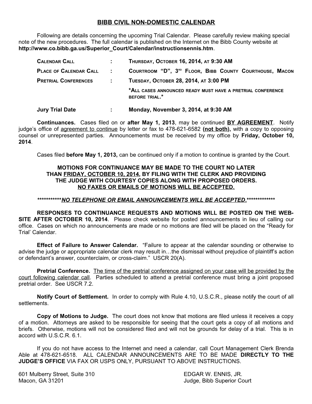 Bibb Civil Non-Domestic Calendar