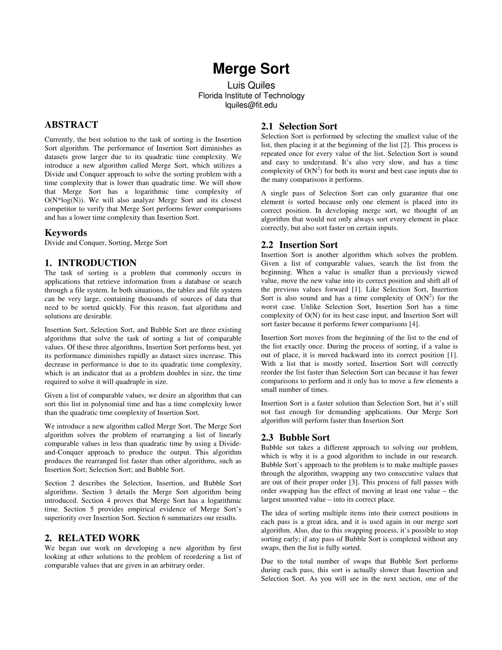 Merge Sort Luis Quiles Florida Institute of Technology Lquiles@Fit.Edu