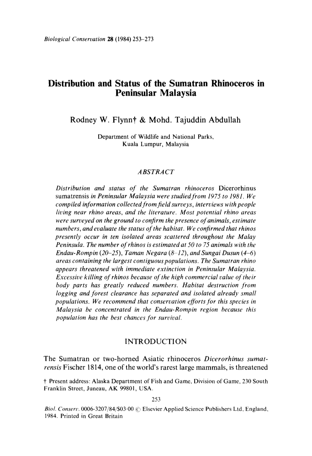 Distribution and Status of the Sumatran Rhinoceros in Peninsular Malaysia