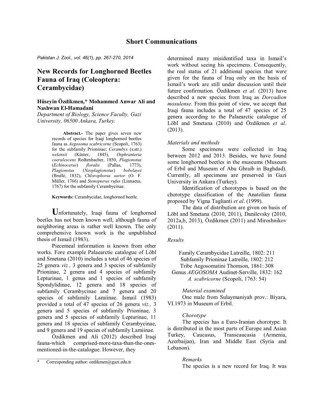 Short Communications New Records for Longhorned Beetles Fauna of Iraq (Coleoptera: Cerambycidae)